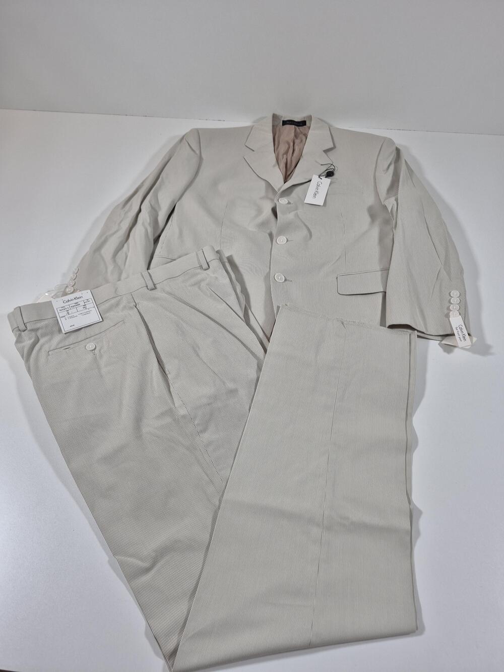 VTG Calvin Klein Suit Mens 42 Short Beige Cotton Blend Pinstripe 36x36 NWT FLAW